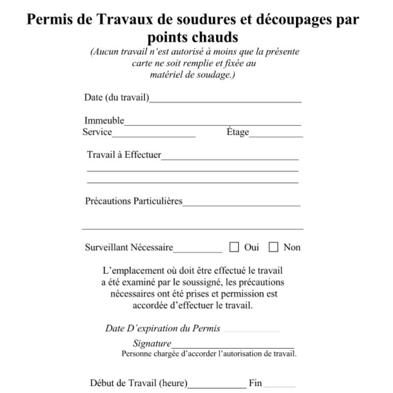 Permis de travaux de soudures et découpages par points chauds